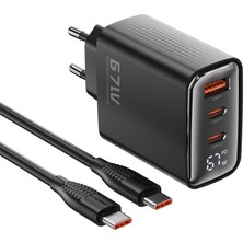 Realpower Gan 67W Usb-C1,c2,a  Dijital Göstergeli Hızlı Şarj Cihazı ve Kablo Set Siyah (Usb-C - Usb-C 100W Kablo) TCS67WBK