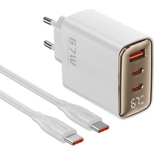 Realpower Gan 67W Usb-C1,c2,a  Dijital Göstergeli Hızlı Şarj Cihazı ve Kablo Set Beyaz (Usb-C - Usb-C 100W Kablo) TCS67WWH