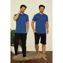 Moda Çizgi Erkek Sax V Yaka 3'lü Pijama Takım 6822