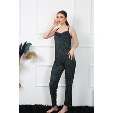 Moda Çizgi Kadın Ip Askılı Yeşil Ekoseli Pijama Takım 4135
