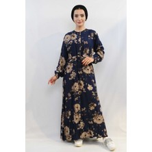 Moda Çizgi Gül Desenli Elbise MC4101 Lacivert