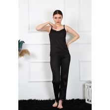 Moda Çizgi Kadın Ip Askılı Siyah Pijama Takım 4136