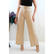 Moda Çizgi Kemerli Pantolon Taş