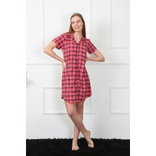 Moda Çizgi Kadın Dokuma Kumaş Önden Düğmeli Kırmızı Tunik Gecelik 1030