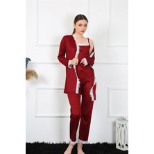 Moda Çizgi Kadın 3'lü Bordo Sabahlık Takım 16108