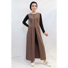 Moda Çizgi Taş Işlemeli Piliseli Yelek Vizon MC727