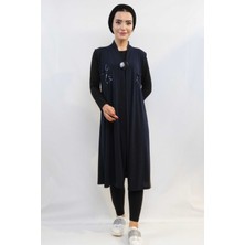 Moda Çizgi Pullu Nakış Işlemeli Yelek MC724 Lacivert