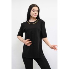 Moda Çizgi Zincir Aksesuarlı Tshirt Siyah