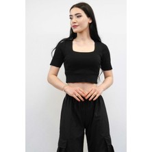 Moda Çizgi Kare Yaka Triko Crop Siyah