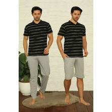 Moda Çizgi Erkek Siyah V Yaka 3'lü Pijama Takım 6822