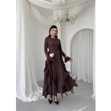 Nils Butik Fırfır Detaylı Bordo Şık Elbise