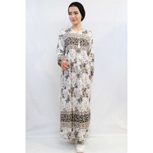 Moda Çizgi Etnik Desen Elbise Bej