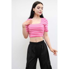 Moda Çizgi Triko Crop Çizgili Pembe