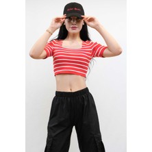 Moda Çizgi Triko Crop Çizgili Kırmızı