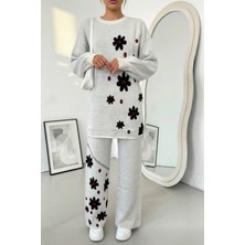 Newco Kadın Papatya Temalı Triko Takım Geniş Paça Pantolon Ikili Set