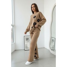 Newco Kadın Papatya Temalı Triko Takım Geniş Paça Pantolon Ikili Set
