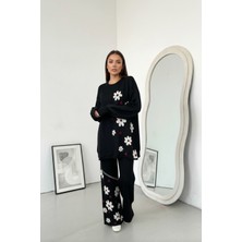 Newco Kadın Papatya Temalı Triko Takım Geniş Paça Pantolon Ikili Set