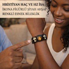 Hristiyan Haç ve Hz Isa Ikona Figürlü Siyah Ahşap Renkli Esnek Bileklik