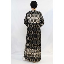 Moda Çizgi Papatya Desen Elbise Siyah