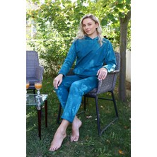 Moda Çizgi Kadın Pamuk Kapşonlu Cepli 3 Iplik Turkuaz Eşofman Takım 9037