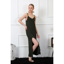 Moda Çizgi Kadın Ip Askılı Haki Uzun Gecelik 901