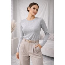 Polo State Kadın Basic Bisiklet Yaka Tencel Likra Esnek Uzun Kollu Bluz - Gri