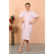 Moda Çizgi Kadın Kısa Kol Diz Altı Over Size Pembe Ev Elbisesi - Geceliği 93410