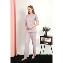 Moda Çizgi Kadın Kısa Kol Pamuk Penye Pijama Takım Pudra 4213