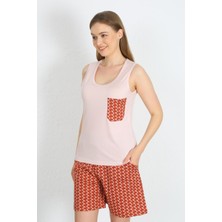 Moda Çizgi Kadın Kalın Askılı Cepli Şortlu Takım Pudra 3617