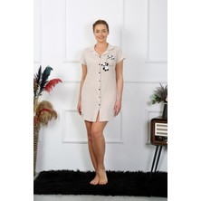 Moda Çizgi Kadın Pamuk Penye Kısa Kol Düğmeli Krem Tunik Gecelik 13109