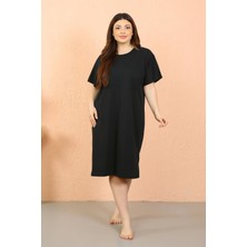 Moda Çizgi Kadın Büyük Beden Penye Kısa Kol Siyah Gecelik 12502