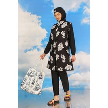 Moda Çizgi Kadın Pantolonlu Desenli Tam Tesettür Mayo Siyah 31070