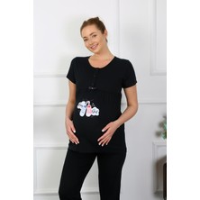 Moda Çizgi Kadın Kısa Kol Hamile Lohusa Pijama Takımı Siyah 45210