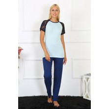 Moda Çizgi Kadın Kolu Dantelli Penye Pijama Takım 4148