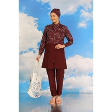 Moda Çizgi Kadın Pantolonlu Desenli Tam Tesettür Mayo Bordo 31075