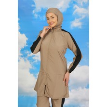 Moda Çizgi Kadın Pantolonlu Kolu Şeritli Tam Tesettür Mayo Bej 31066