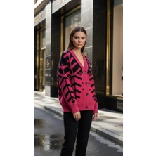 Miss Poem Düğmeli Oversize Kadın Desenli Fuşya Triko Hırka