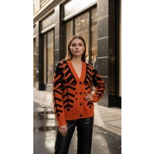 Miss Poem Düğmeli Oversize Kadın Desenli Oranj Triko Hırka