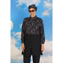 Moda Çizgi Kadın Pantolonlu Desenli Tam Tesettür Mayo Lacivert 31075