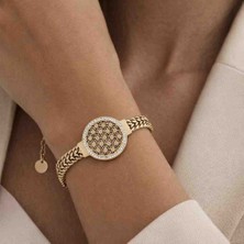 Mira Çiçek Desenli Zirkon Taşlı Gold Kaplama Kadın Ayarlanabilir Çelik Bileklik