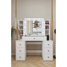 Ases Mobilya ELA657 Hollywood Işıklı Makyaj Masası Bol Çekmeceli Özel Bölmeli ve Extra Raflı Beyaz