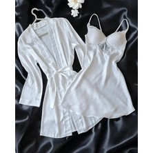 Çeyize Dair Herşey Ipek Saten Ekru Gecelik Sabahlık Seti