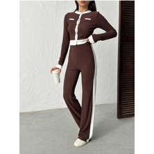 Newco Krem Singa Garnili Şerit Detay Uzun Kol Crop-Pantolon Triko Pamuk Kadın Alt-Üst Takım