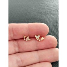Generic 925 Ayar Gümüş Gold (Altın ) Renkli Zirkon Taşlı Kelebek Detaylı Kadın Küpe -  Sedefli Model