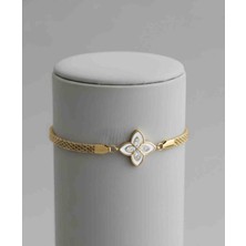 Mira Zirkon Taşlı Çiçek Figürlü Altın Renk  Kadın Ayarlanabilir Çelik Bileklik – Şık ve Zarif Tasarım