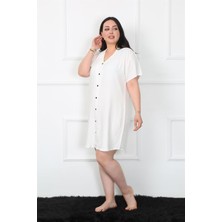 Moda Çizgi Büyük Beden Dokuma Düğmeli Beyaz Tunik Gecelik 1022