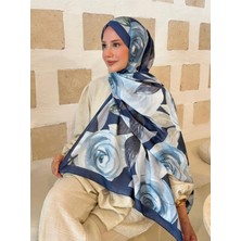 Moda Nuda Mira Ipek Desenli Pamuk Soft Şal Ilham Serisi Lacivert-Açık Mavi