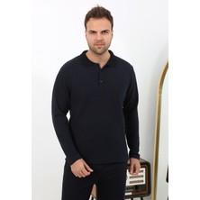 Moda Çizgi Erkek Polo Yaka Uzun Kol Penye Pijama Takımı 6862 Lacivert
