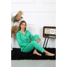Moda Çizgi Kadın Pamuk Penye Önden Düğmeli Uzun Kol Yeşil Pijama Takım 2782