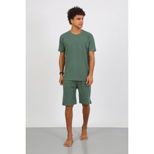 Moda Çizgi Erkek Pamuk Lakost Alt Üst Kaprili Pijama Takım Yeşil 6872